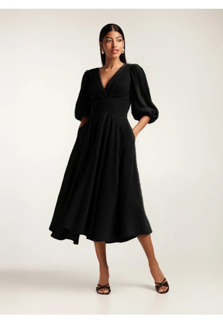 Rochie midi din amestesc de in cu drapaje si maneci bufante Swan - Negru