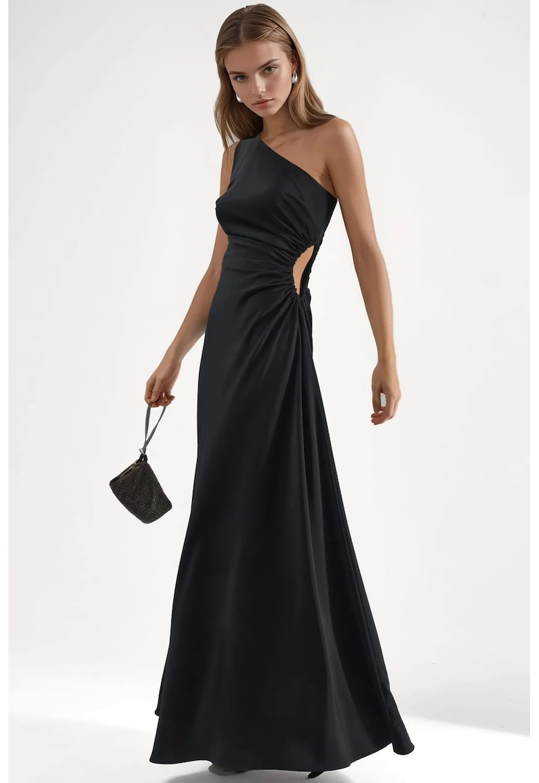Rochie Maxi - Asimetrica cu Decupaje - Neagra - Poliester