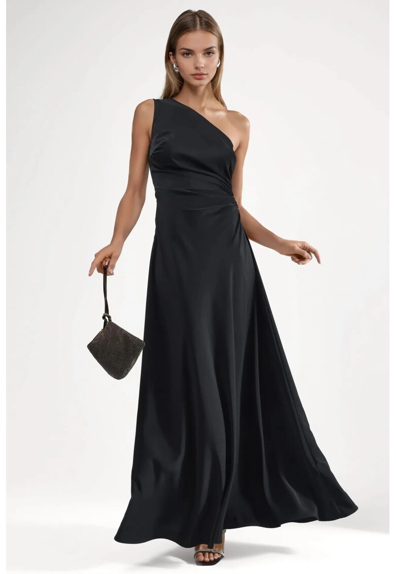 Rochie Maxi - Asimetrica cu Decupaje - Neagra - Poliester