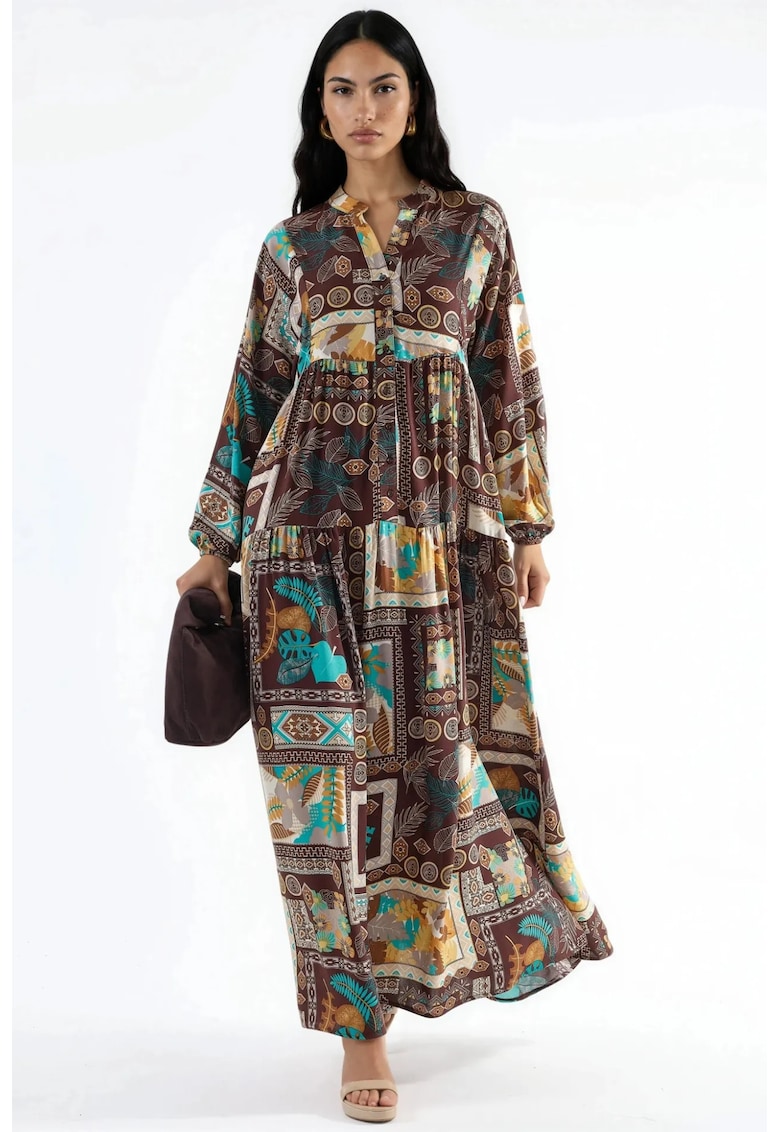 Rochie Maxi - decolteu in V - maneci lungi - maro - viscoza