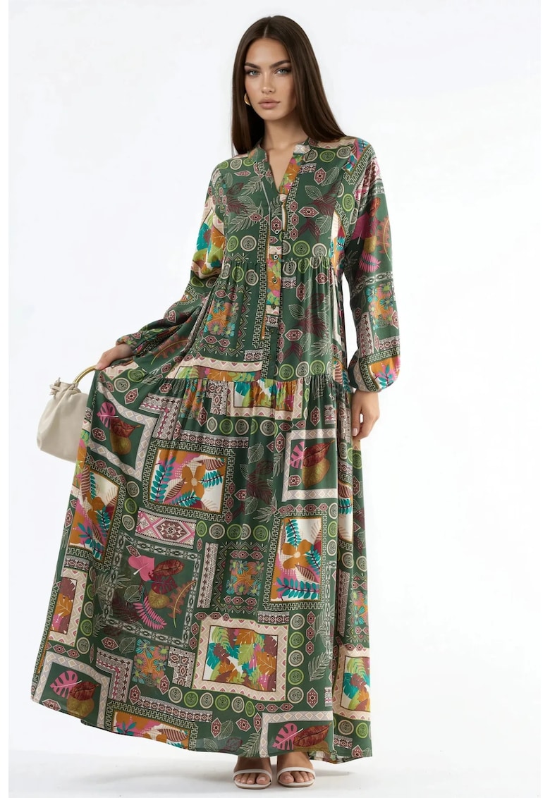 Rochie Maxi - decolteu in V - maneci lungi - multicolor - viscoza