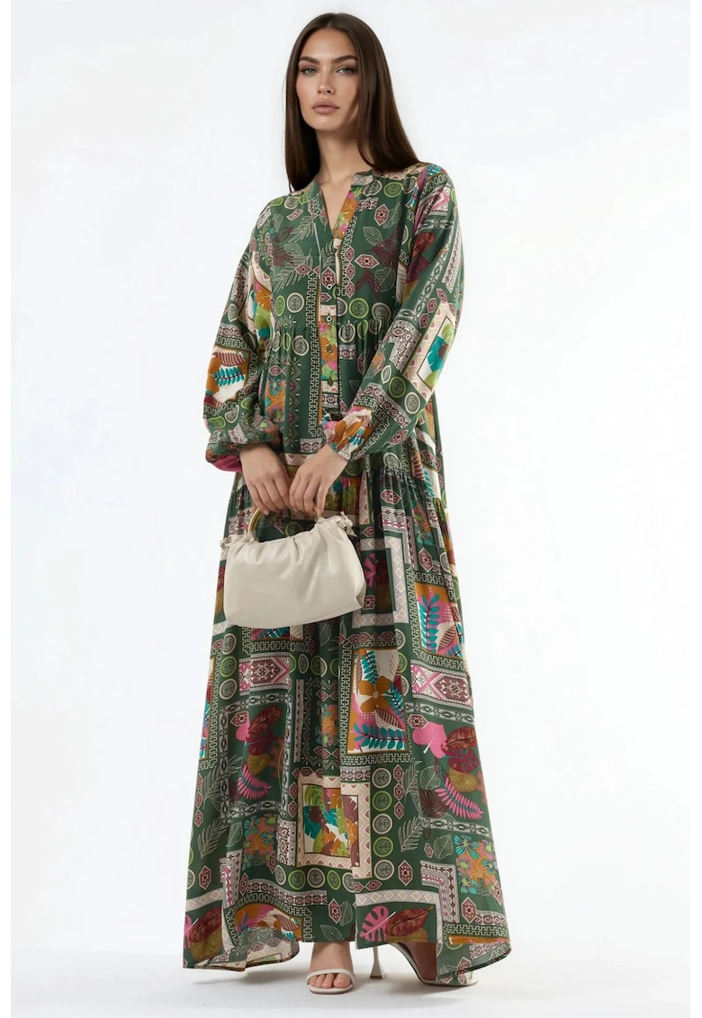 Rochie Maxi - decolteu in V - maneci lungi - verde - viscoza