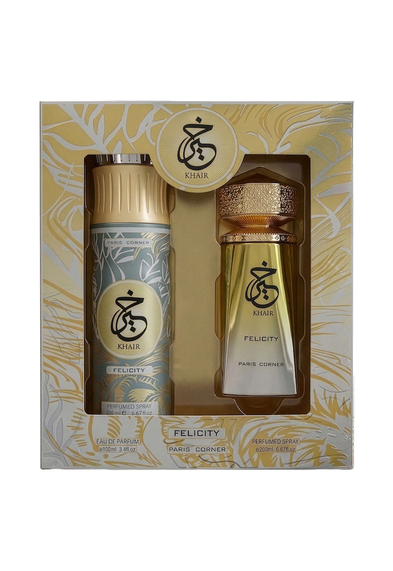 Set cadou parfum unisex Khair Felicity 100ml Eau de Parfum + 200ml spray deodorant