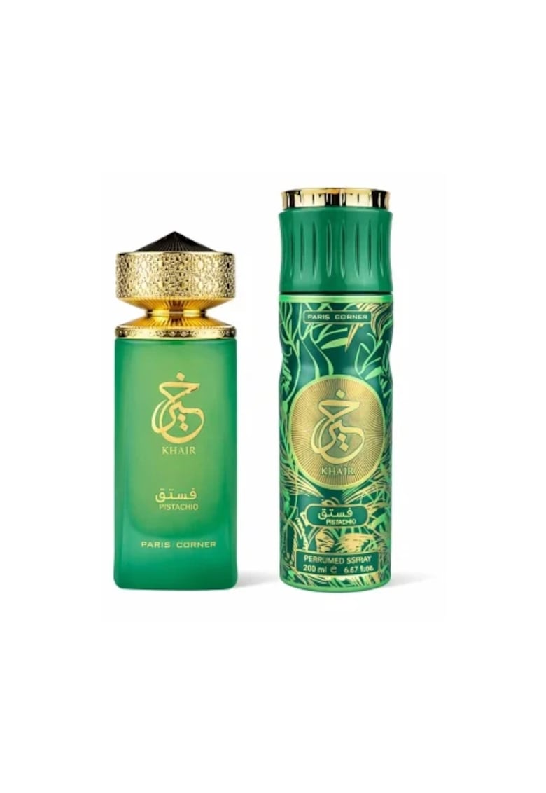 Set cadou parfum Khair Pistachio - Apa de Parfum 100ml + Deodorant Spray 200ml - unisex - 300ml