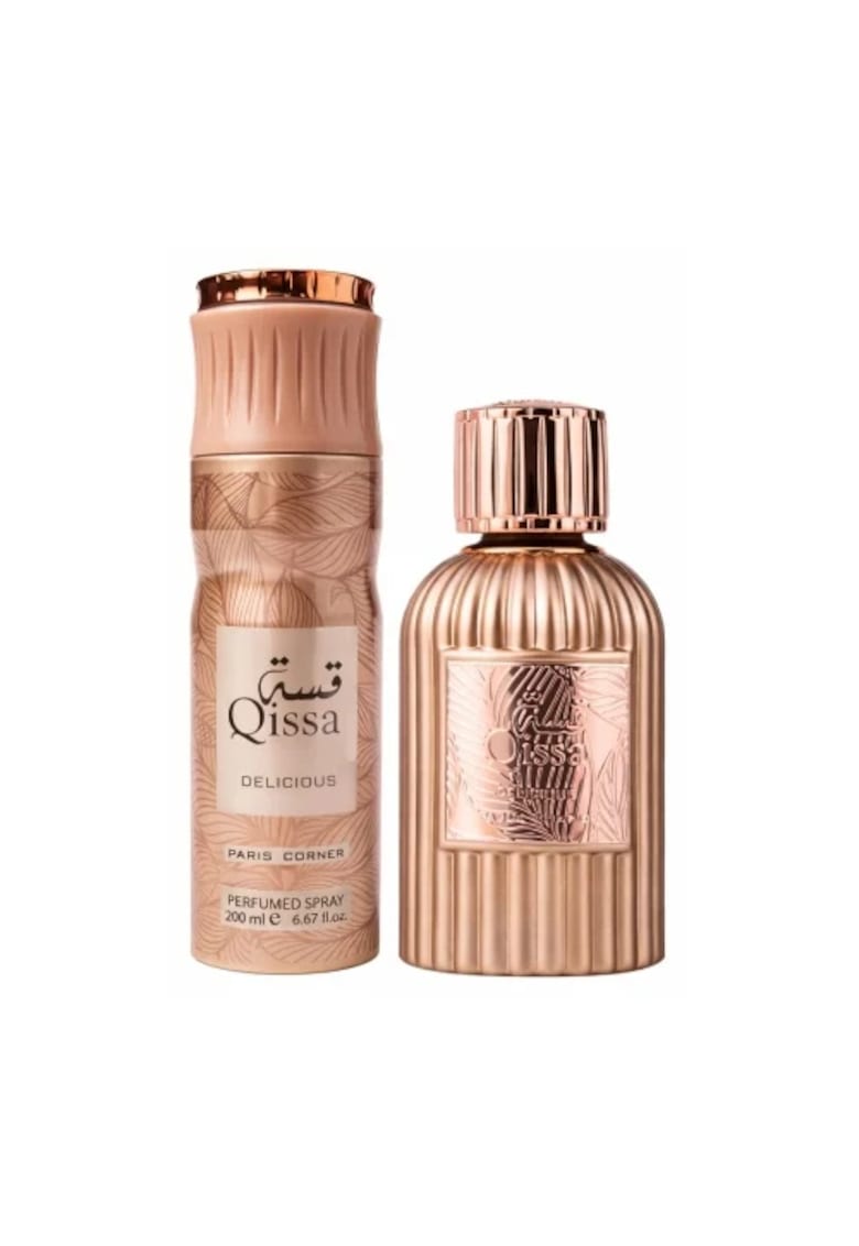 Set cadou parfum Qissa Delicious apa de parfum 100ml - deodorant spray 200ml - dulce - unisex
