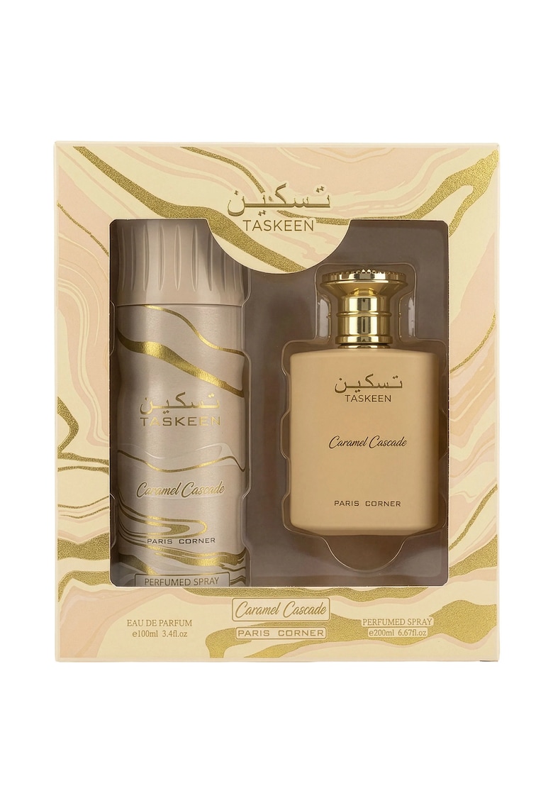 Set cadou parfum Unisex - Taskeen Caramel Cascade EDP 100 ml + Deo 200 ml - 300 ml