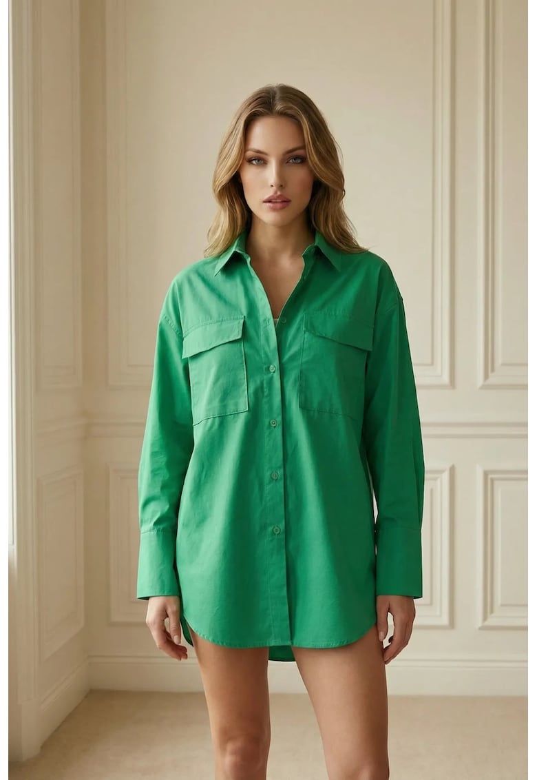 Camasa dama - camasa supradimensionata - verde pin - 100% bumbac - maneca lunga - buzunar