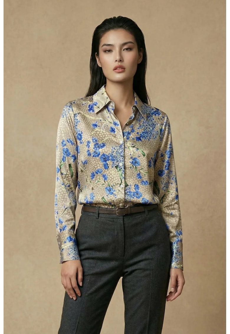Camasa dama - camasa cu imprimeu floral - maro camel - 100% poliester