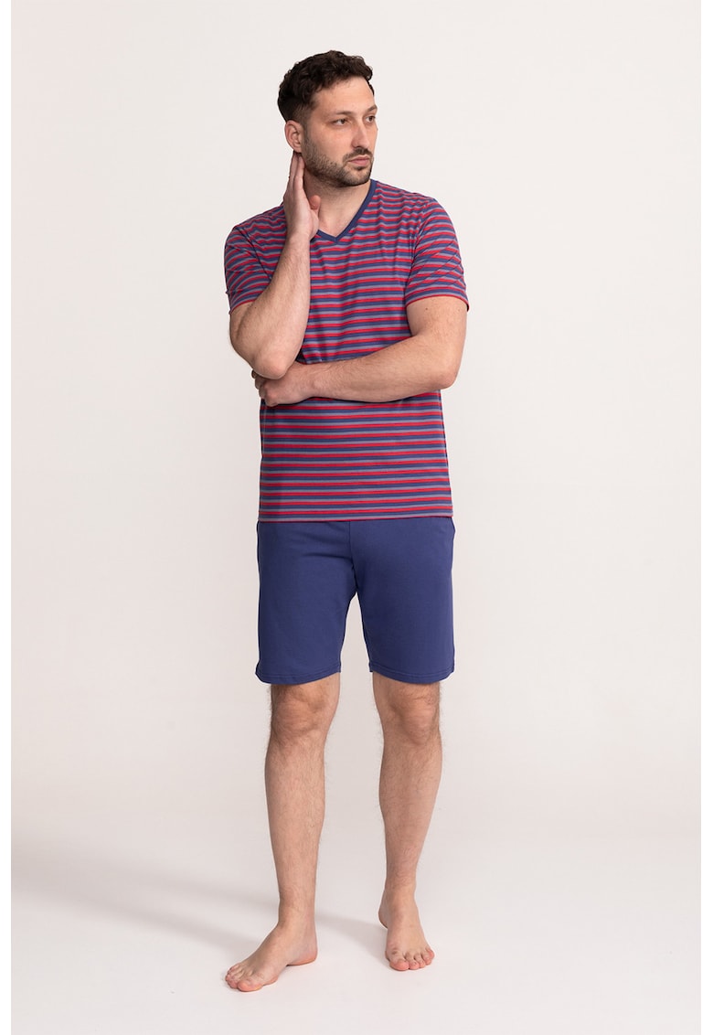 Pijama cu decolteu in V si pantaloni scurti Noah - Rosu/Albastru inchis