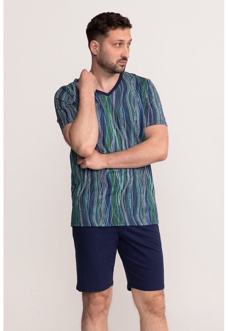 Pijama cu decolteu in V si pantaloni scurti Noah - Verde/Violet/Bleumarin