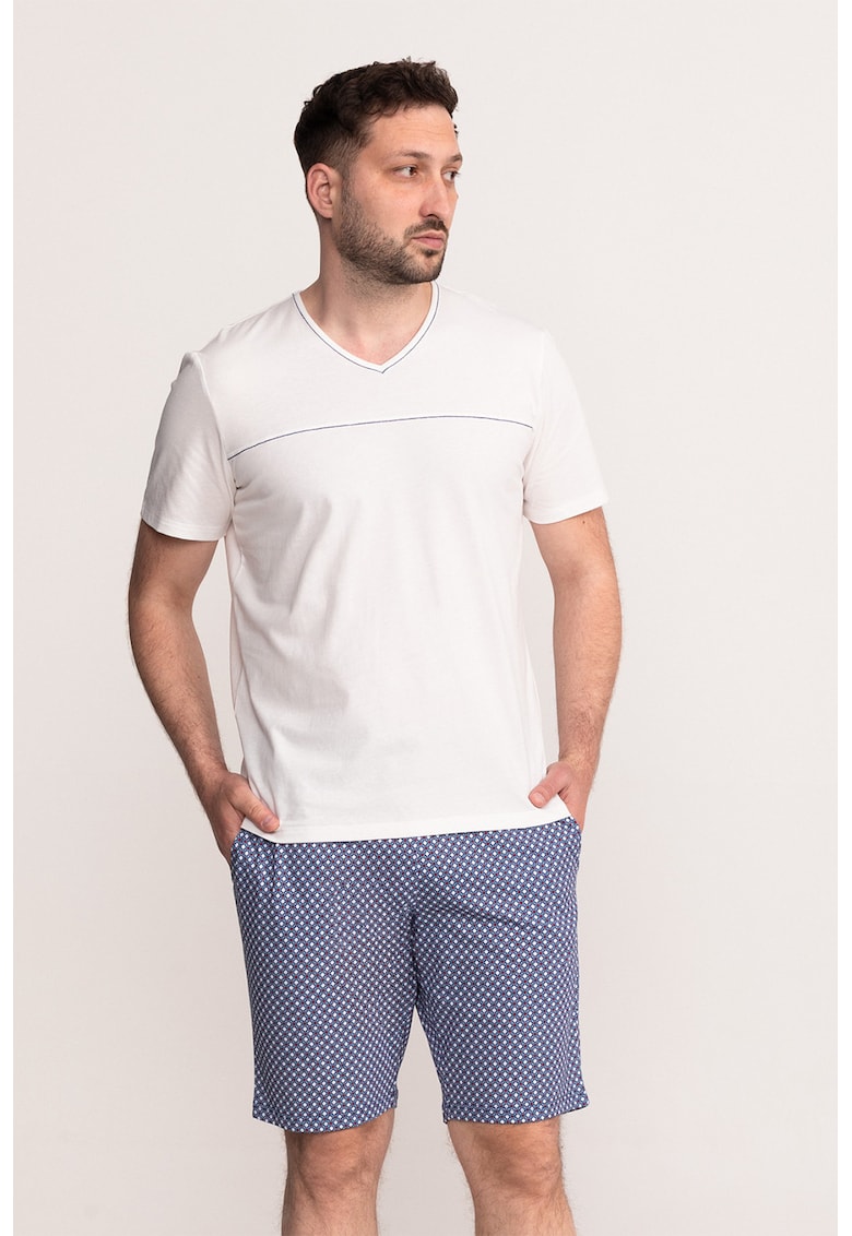 Pijama cu decolteu in V si pantaloni scurti Noris - Alb murdar/Albastru