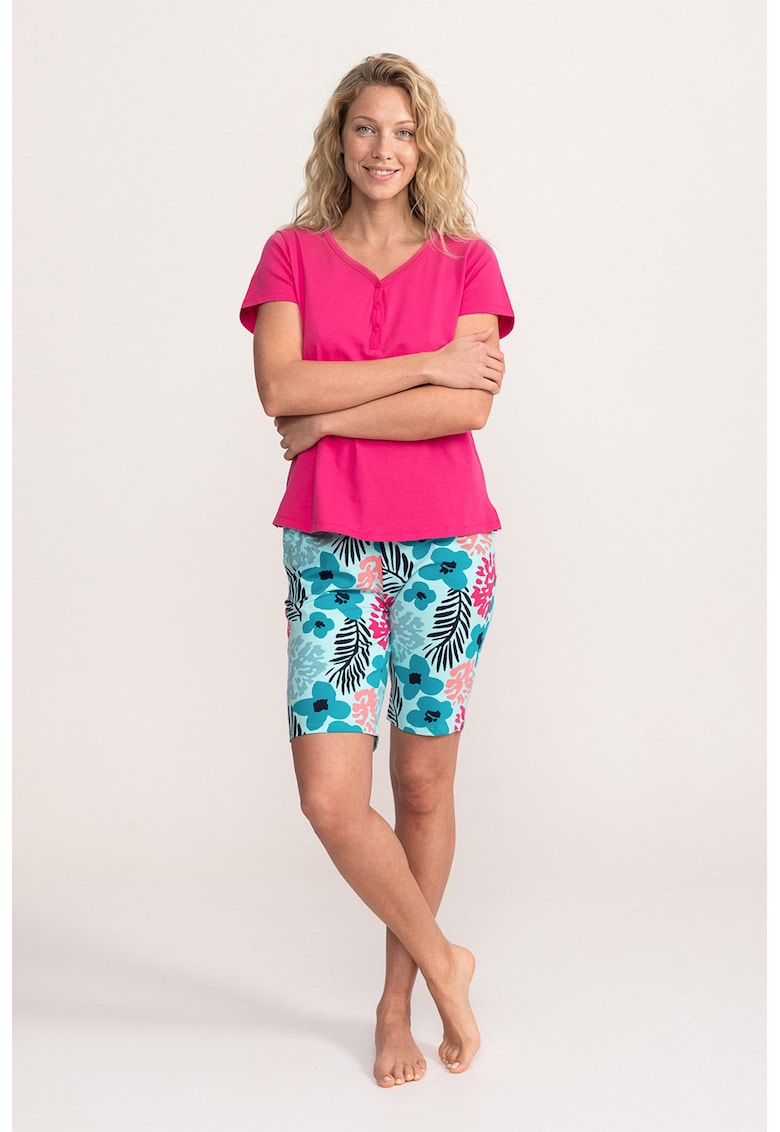 Pijama cu pantaloni sucrti si imprimeu floral Valerie - Negru/Roz aprins/Albastru deschis