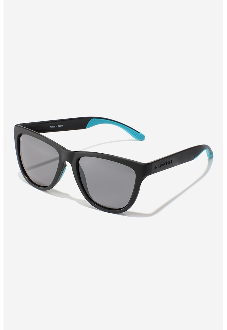 Ochelari de soare patrati cu logo stantat si model unisex - Negru/Albastru deschis