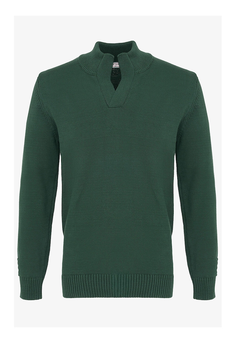 Pulover din bumbac cu model uni - Verde inchis