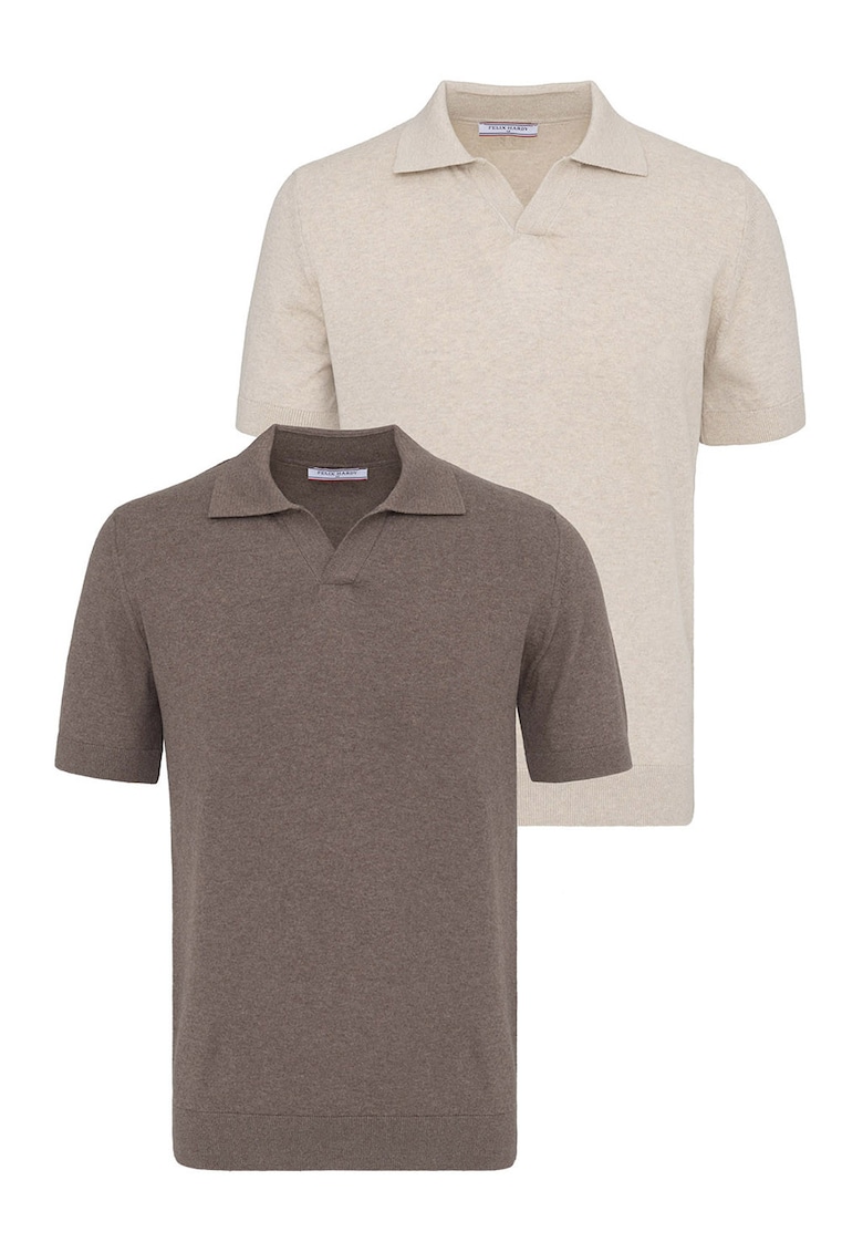 Set de tricouri din bumbac cu guler polo - 2 piese - Maro/Bej