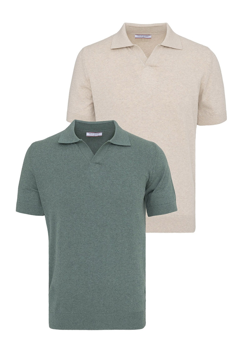 Set de tricouri din bumbac cu guler polo - 2 piese - Verde/Bej