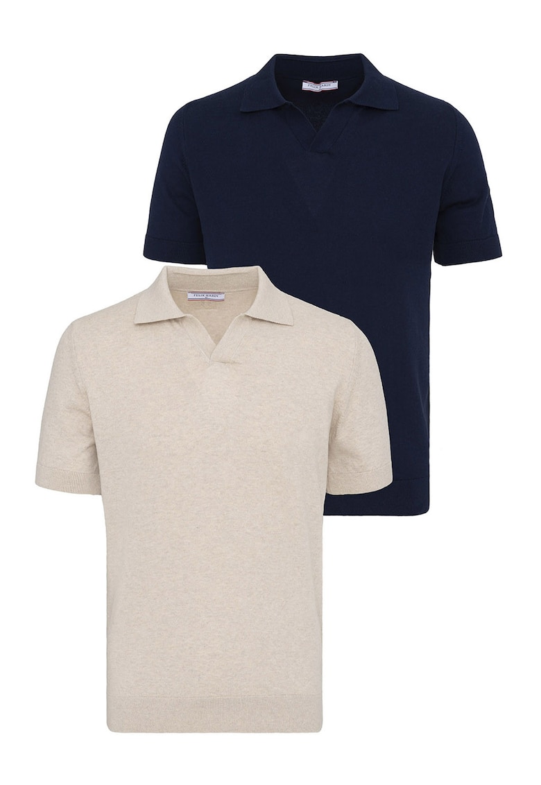 Set de tricouri din bumbac cu guler polo - 2 piese - Bej/Bleumarin