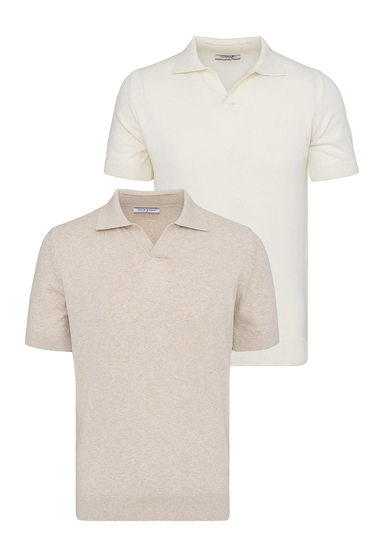 Set de tricouri din bumbac cu guler polo - 2 piese - Bej/Ocru