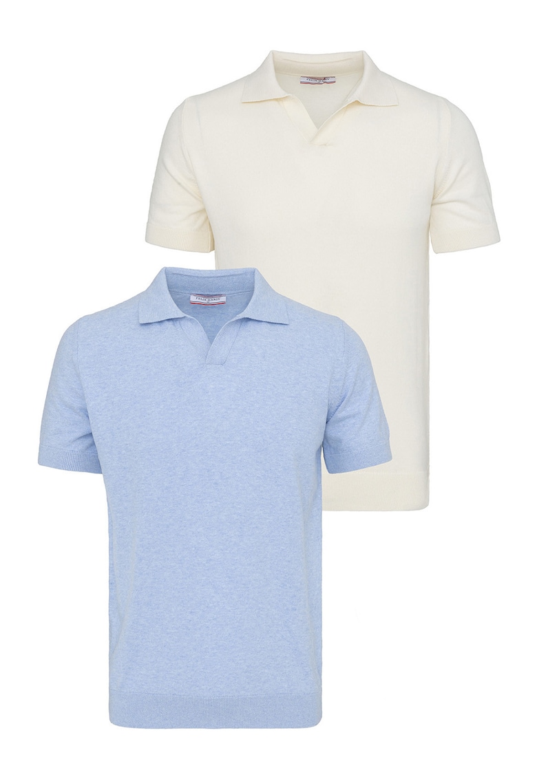 Set de tricouri din bumbac cu guler polo - 2 piese - Albastru pastel/Ocru
