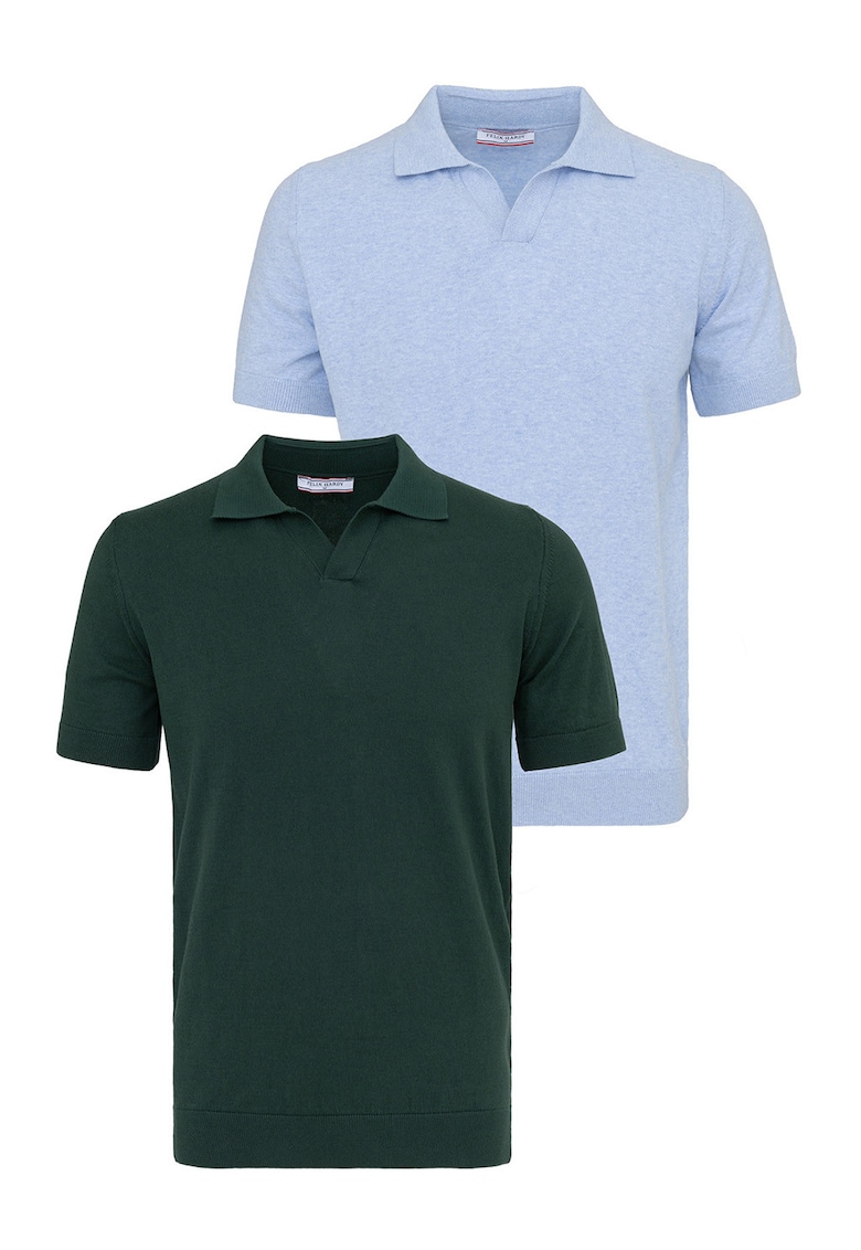 Set de tricouri din bumbac cu guler polo - 2 piese - Albastru pastel/Verde inchis