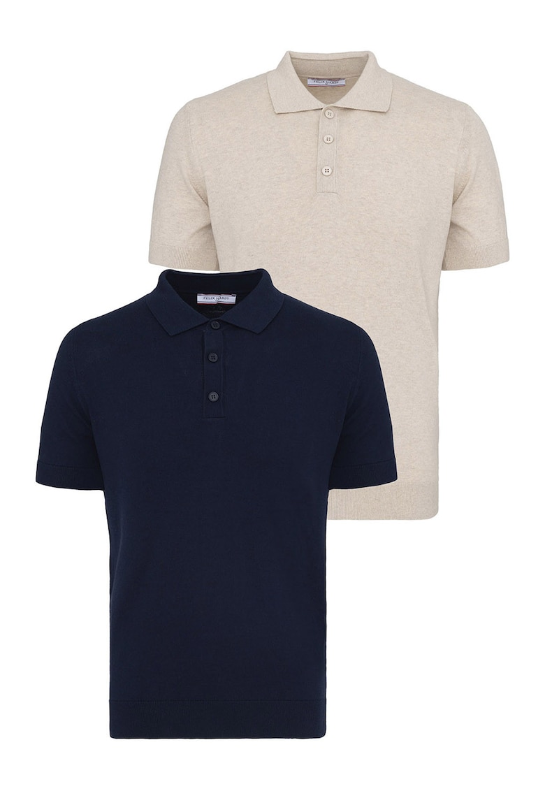 Set de tricouri din bumbac cu guler polo - 2 piese - Bej/Bleumarin