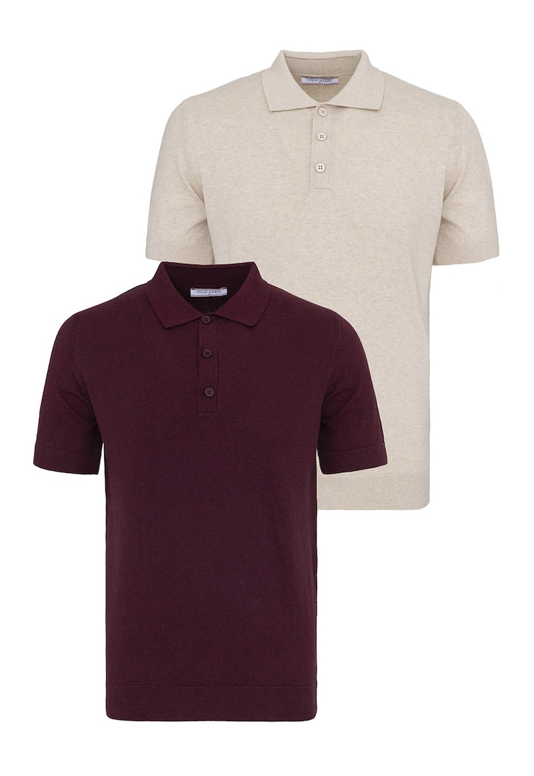 Set de tricouri din bumbac cu guler polo - 2 piese - Visiniu/Bej