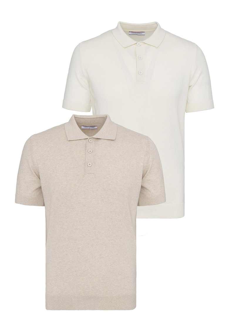 Set de tricouri din bumbac cu guler polo - 2 piese - Alb/Bej