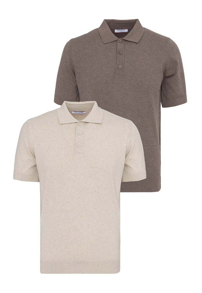 Set de tricouri din bumbac cu guler polo - 2 piese - Maro/Bej