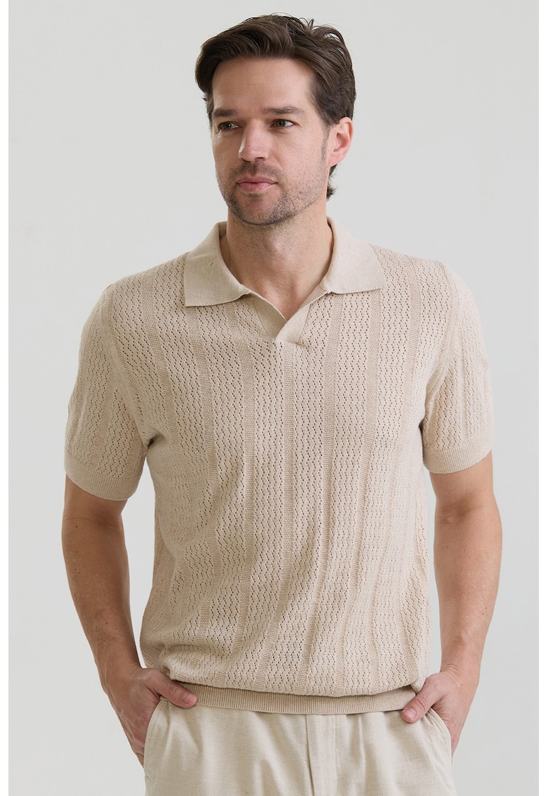 Tricou polo din bumbac cu aspect tricotat - Bej