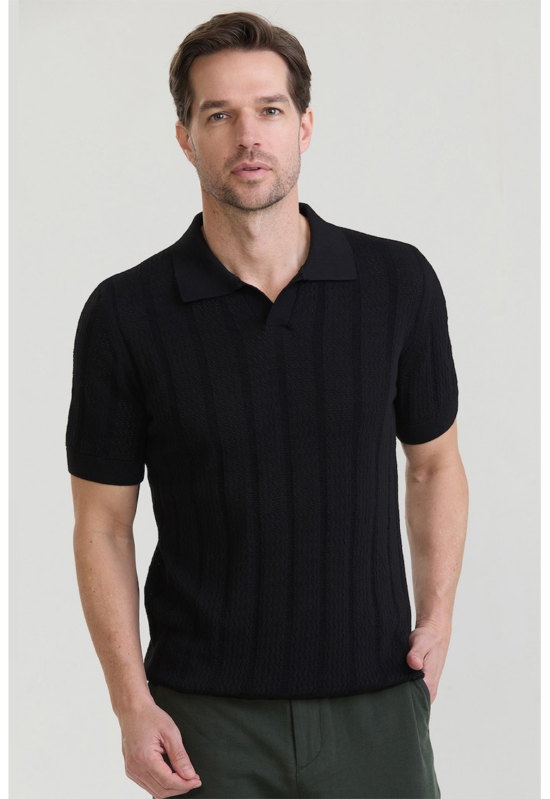 Tricou polo din bumbac cu aspect tricotat - Negru