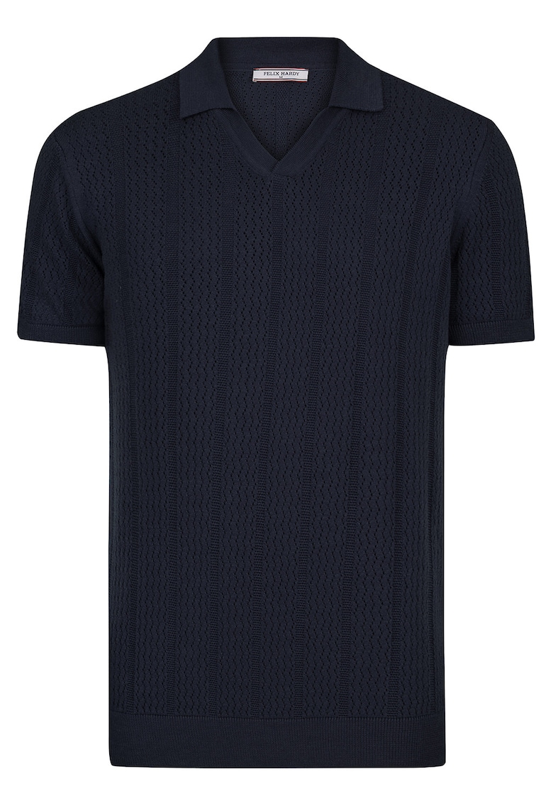 Tricou polo din bumbac cu aspect tricotat - Bleumarin