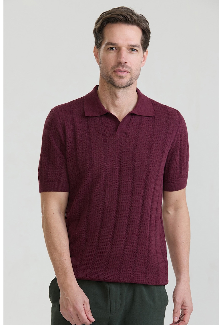 Tricou polo din bumbac cu aspect tricotat - Visiniu