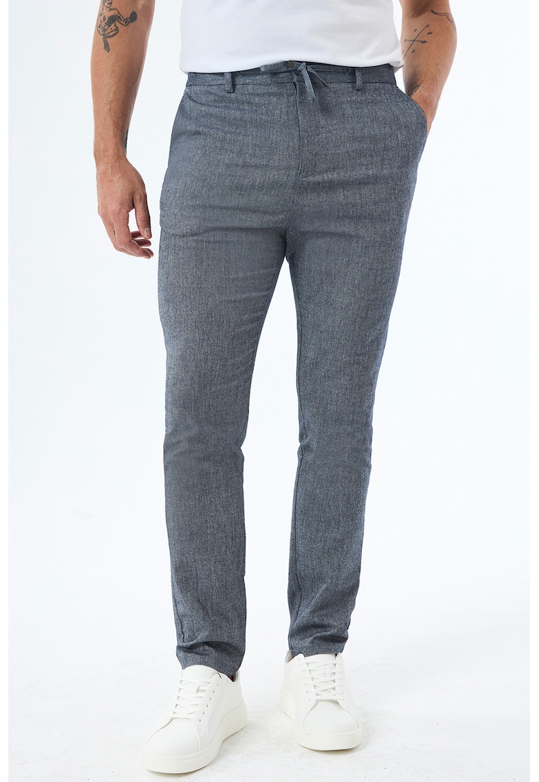 Pantaloni slim fit din amestec de bumbac si in - Albastru melange
