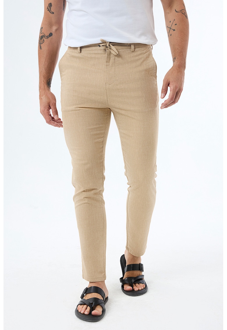 Pantaloni slim fit din amestec de bumbac si in - Bej