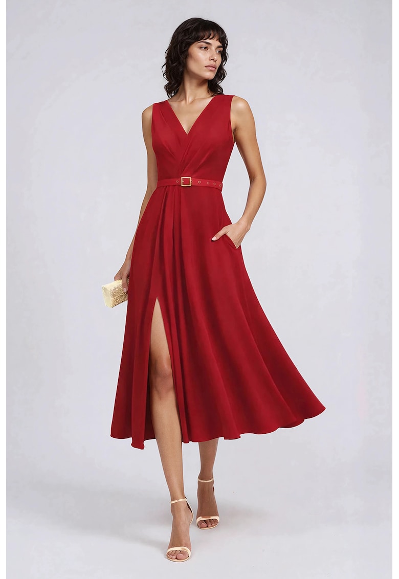 Rochie evazata cu slit lateral - Rosu