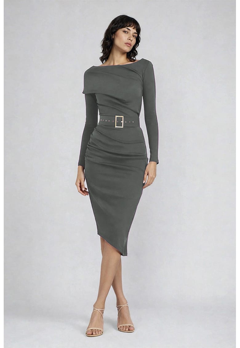 Rochie midi cu croiala cambrata si curea - Gri deschis