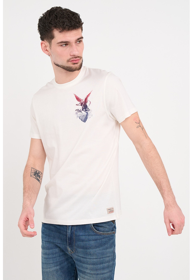 Tricou din bumbac cu imprimeu discret pe piept - Alb/Albastru inchis/Rosu inchis
