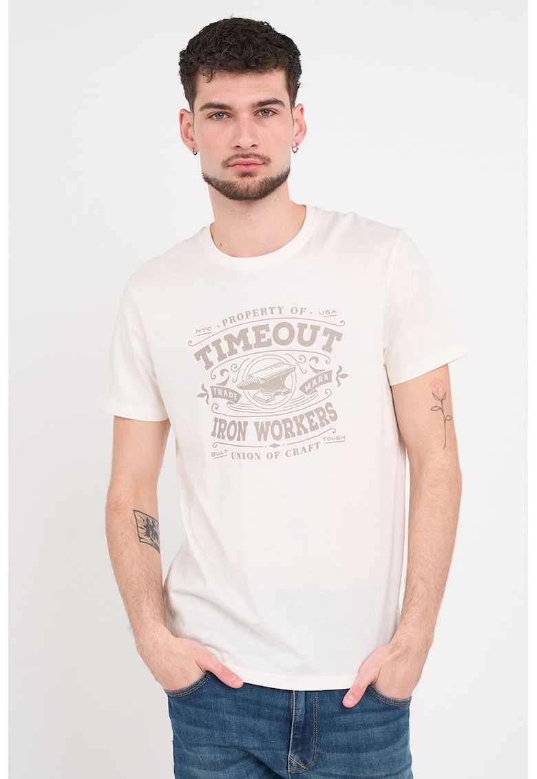 Tricou din bumbac cu decolteu la baza gatului si imprimeu - Alb/Bej inchis