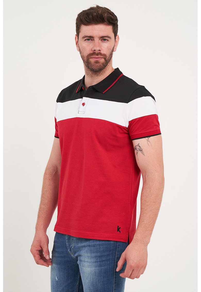 Tricou polo cu model colorblock - Rosu/Negru/Alb murdar