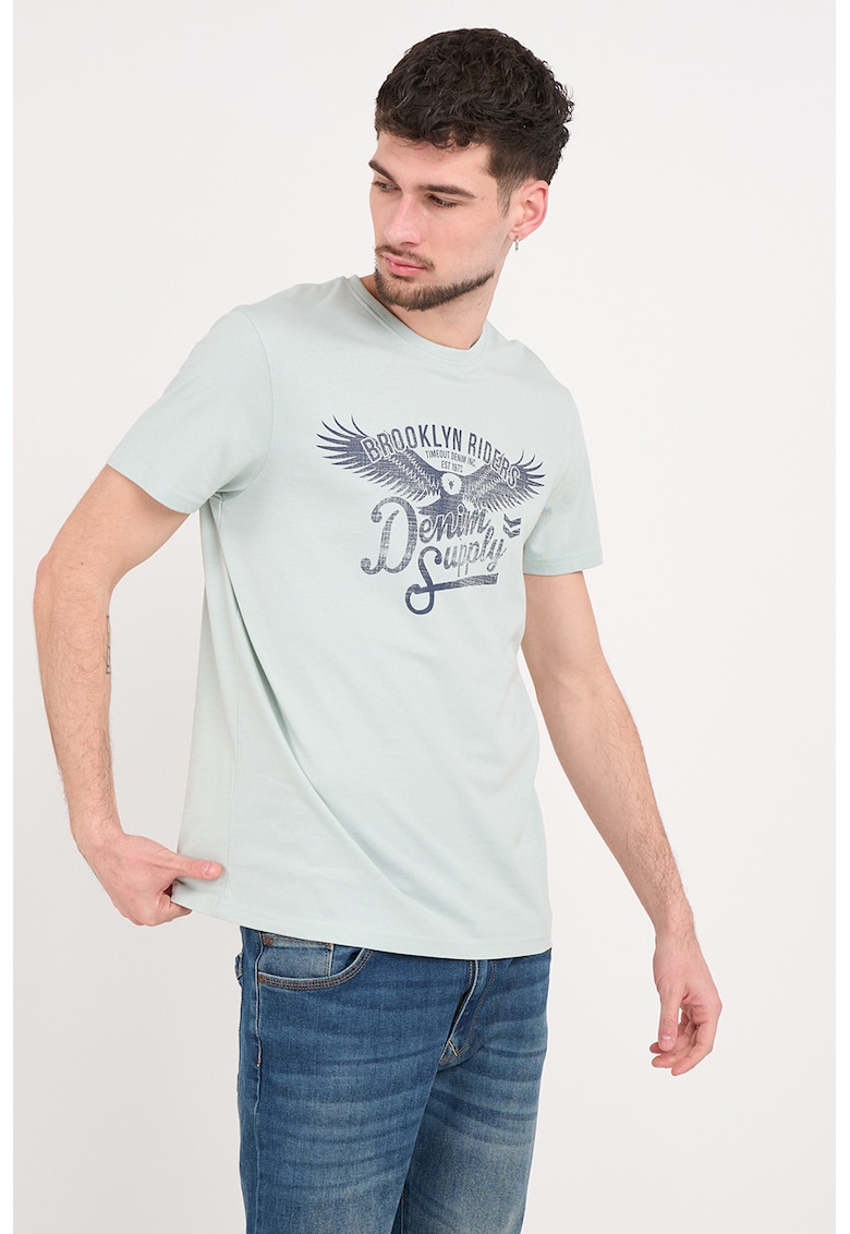 Tricou din bumbac cu decolteu la baza gatului si imprimeu frontal - Albastru ultramarin/Albastru glaciar