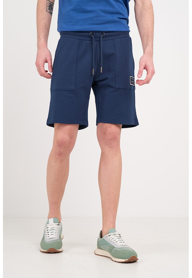 Pantaloni scurti din amestec de bumbac cu snururi de ajustare - Bleumarin