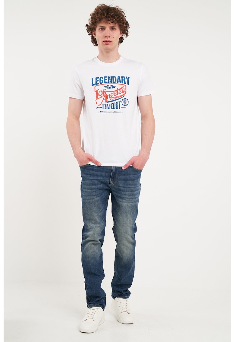 Tricou din bumbac cu imprimeu logo si text - Alb/Portocaliu mandarina/Albastru