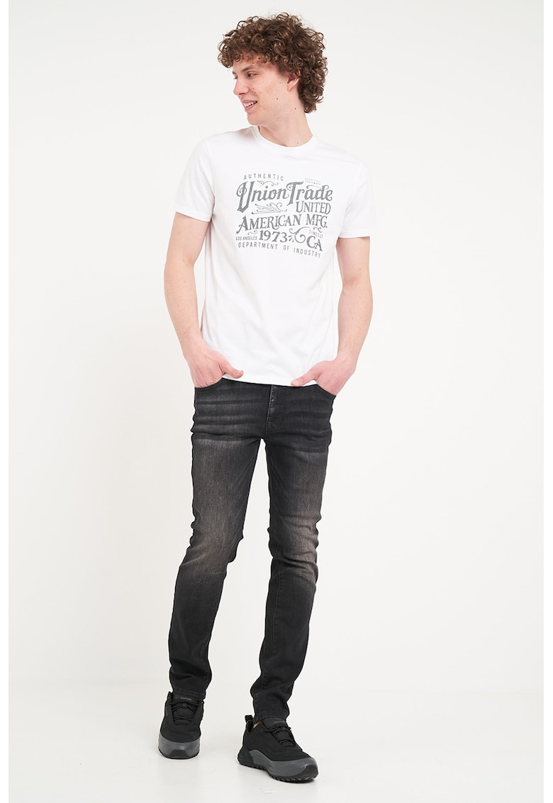 Tricou din bumbac cu imprimeu text si decolteu la baza gatului - Alb/Gri inchis