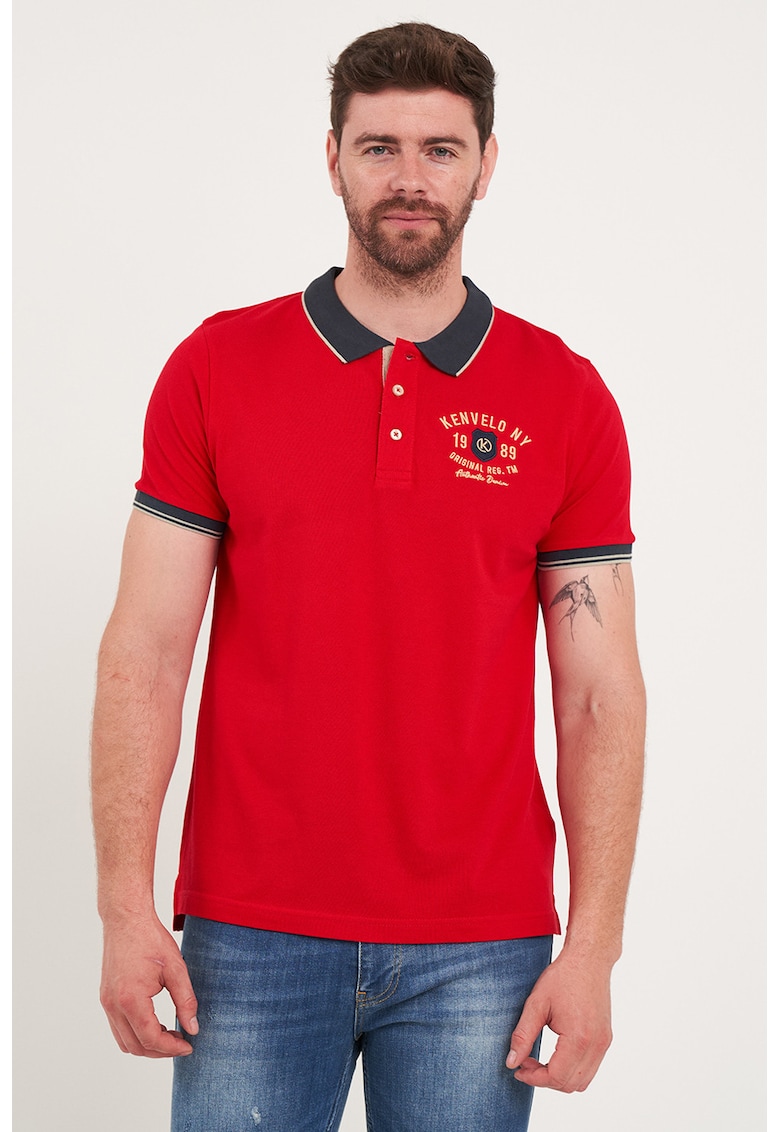 Tricou polo cu broderie logo - Rosu/Bleumarin