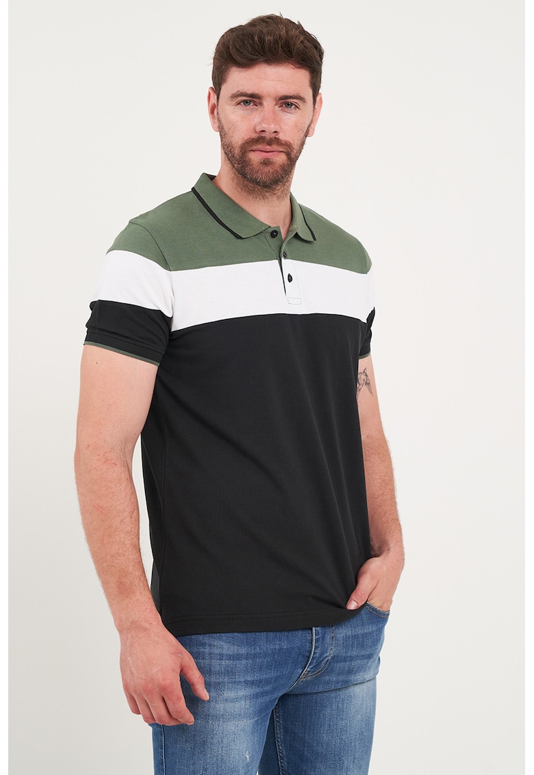 Tricou polo cu model colorblock - Alb/Negru/Kaki