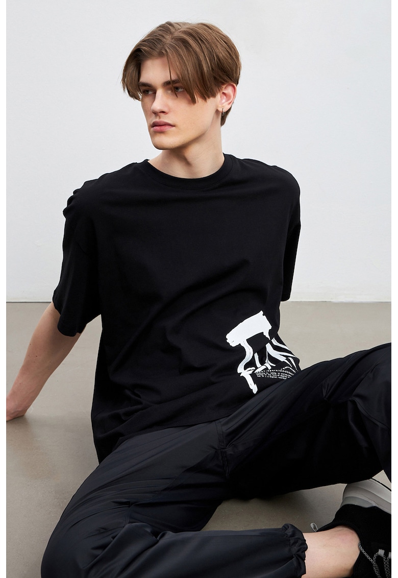 Tricou de bumbac cu decolteu la baza gatului - Alb/Negru