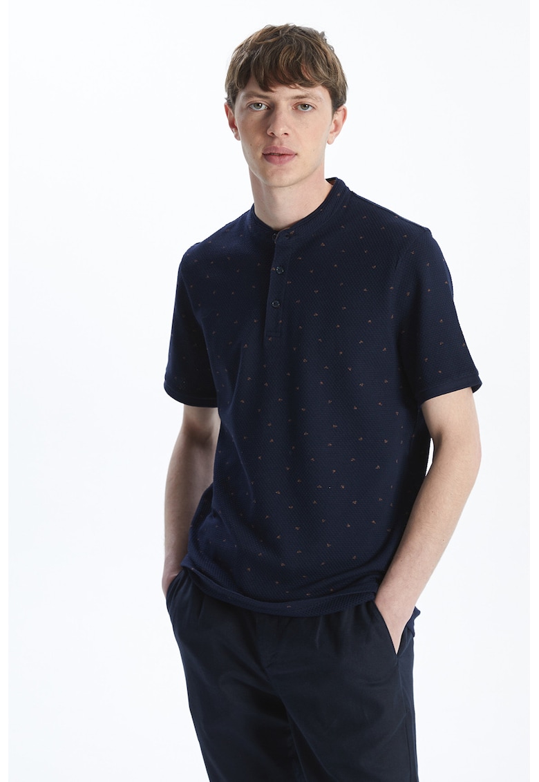 Tricou de bumbac cu nasturi - Maro/Bleumarin