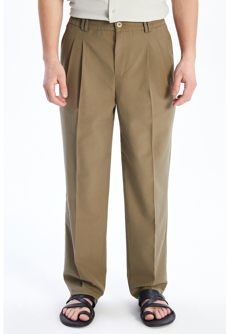 Pantaloni eleganti regular fit cu pliuri inversate frontale - Verde masliniu