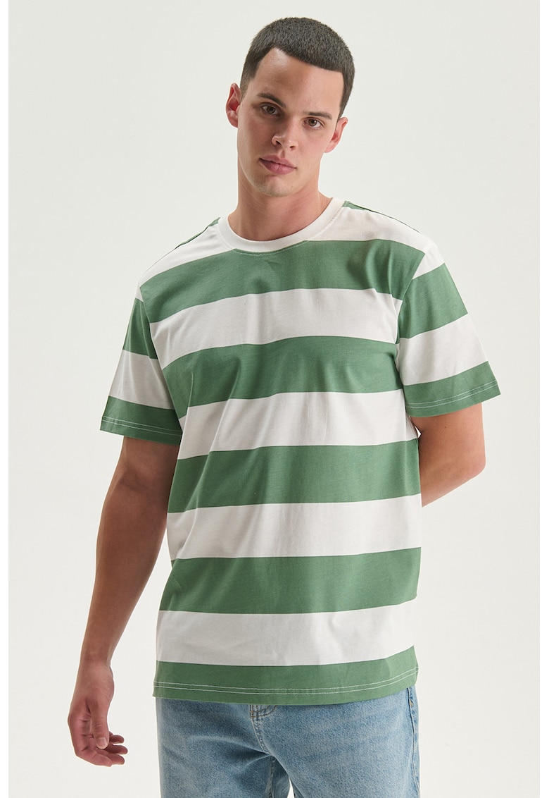 Tricou de bumbac cu dungi - Alb/Verde