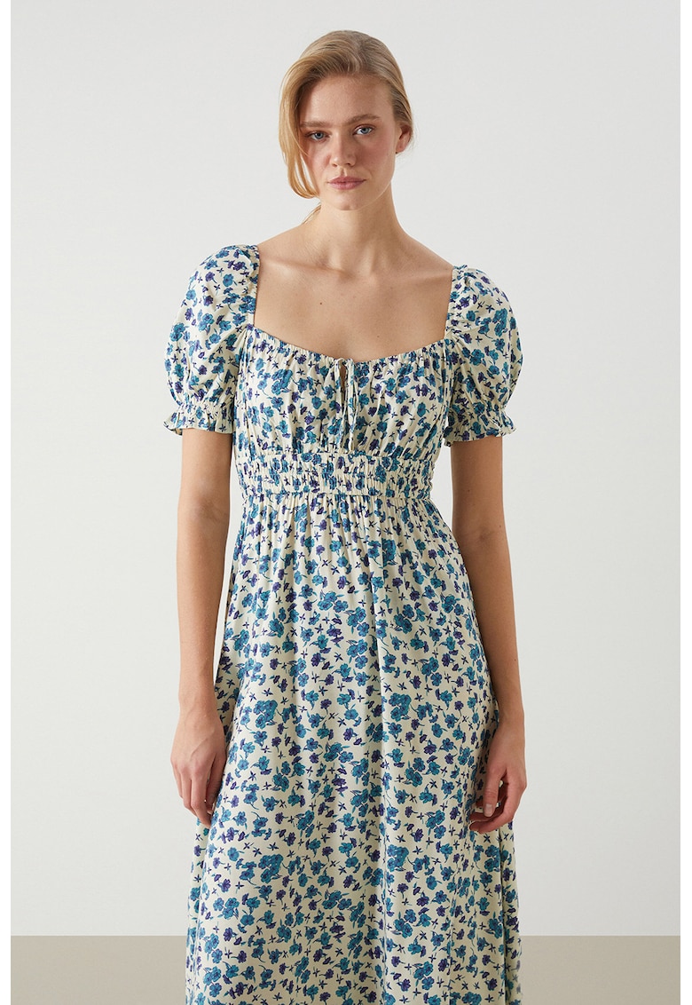 Rochie cu maneci scurte si imprimeu floral - Bej/Albastru